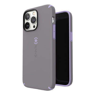 Three-quarter view of back of phone case simultaneously shown with three-quarter front view of phone case#color_cloudy-grey-spring-purple