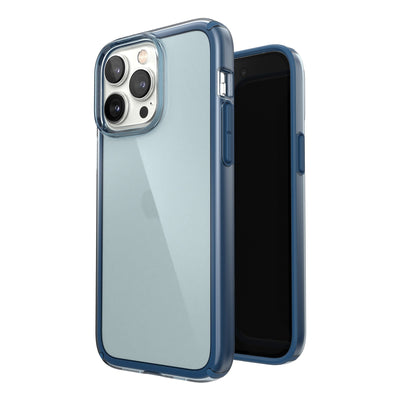 Three-quarter view of back of phone case simultaneously shown with three-quarter front view of phone case#color_glass-navy-winter-navy