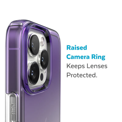 Slightly tilted view of side of phone case showing phone cameras - Raised camera ring keeps lenses protected.#color_amethyst-purple-fade-clear