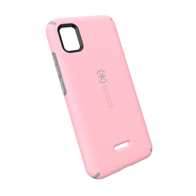 Tilted three-quarter angled view of back of phone case#color_rosy-pink-cathedral-grey