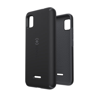 Three-quarter view of back of phone case simultaneously shown with three-quarter front view of phone case#color_black-slate-grey