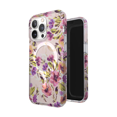 Three-quarter view of back of phone case simultaneously shown with three-quarter front view of phone case#color_brushed-floral