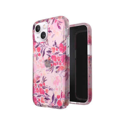 Three-quarter view of back of phone case simultaneously shown with three-quarter front view of phone case#color_clear-fall-floral