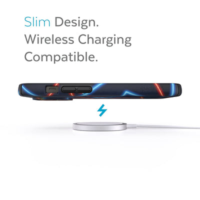 Side view of phone case over wireless charger - Slim design. Wireless charging compatible.#color_electric-feel