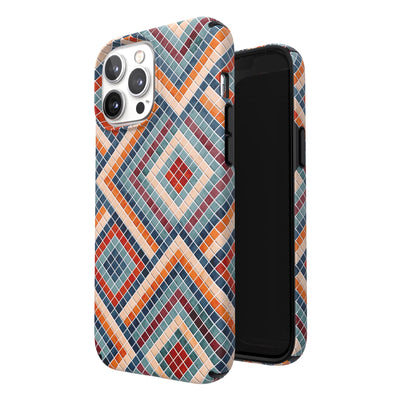Three-quarter view of back of phone case simultaneously shown with three-quarter front view of phone case#color_tiles-are-forever