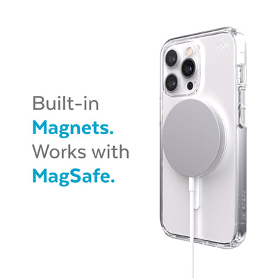 Three-quarter view of back of phone case with MagSafe charger attached - Built-in magnets. Works with MagSafe.#color_clear