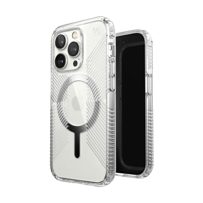 Three-quarter view of back of phone case simultaneously shown with three-quarter front view of phone case#color_clear-silver