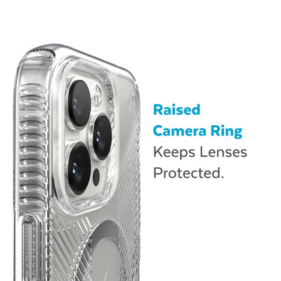 Slightly tilted view of side of phone case showing phone cameras - Raised camera ring keeps lenses protected.#color_clear-silver