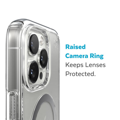 Slightly tilted view of side of phone case showing phone cameras - Raised camera ring keeps lenses protected.#color_clear-silver