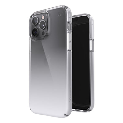 Three-quarter view of back of phone case simultaneously shown with three-quarter front view of phone case.#color_clear-atmosphere-fade