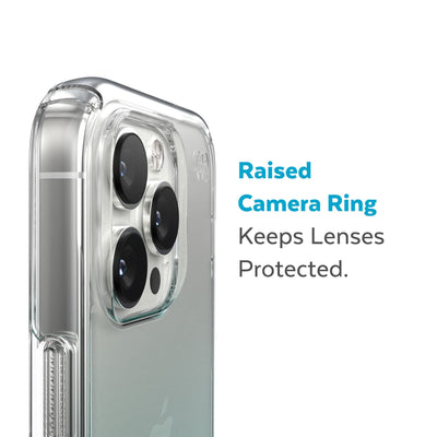 Slightly tilted view of side of phone case showing phone cameras - Raised camera ring keeps lenses protected.#color_clear-fantasy-teal-fade