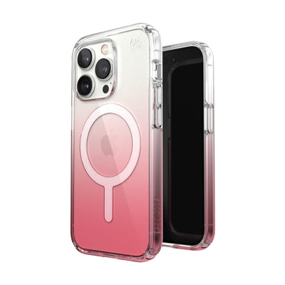 Three-quarter view of back of phone case simultaneously shown with three-quarter front view of phone case#color_clear-vintage-rose-fade