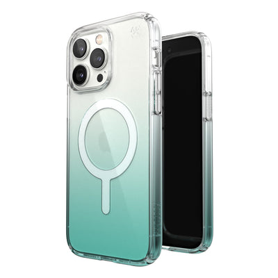 Three-quarter view of back of phone case simultaneously shown with three-quarter front view of phone case#color_clear-fantasy-teal-fade