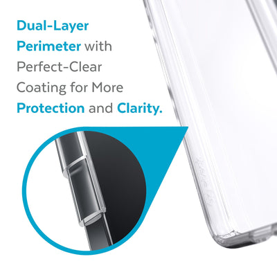 View of interior of phone case with close up on cutaway of side wall - Dual-layer perimeter with Perfect-Clear coating for more protection and clarity.