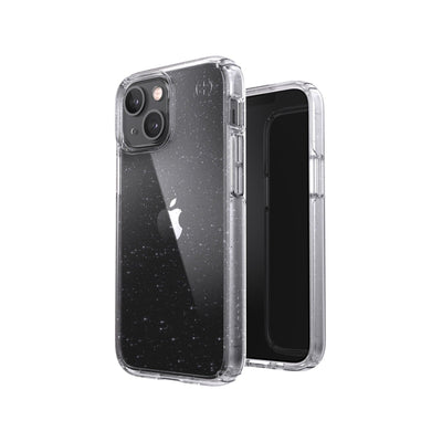 Three-quarter view of back of phone case simultaneously shown with three-quarter front view of phone case#color_clear-platinum-glitter