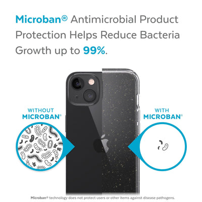 Back view, half without case, other with case, less germs on case - Microban antimicrobial product protection helps reduce bacteria growth up to 99%.#color_clear-gold-glitter