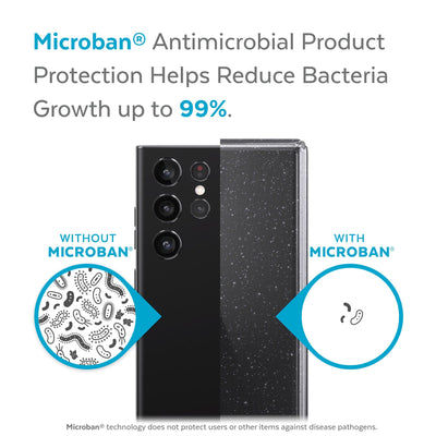 Back view, half without case, other with case, less germs on case - Microban antimicrobial product protection helps reduce bacteria growth up to 99%.