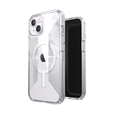 Three-quarter view of back of phone case simultaneously shown with three-quarter front view of phone case.#color_clear-white