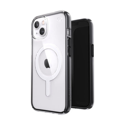 Three-quarter view of back of phone case simultaneously shown with three-quarter front view of phone case.#color_clear-black