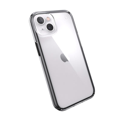 Tilted three-quarter angled view of back of phone case.#color_clear-black