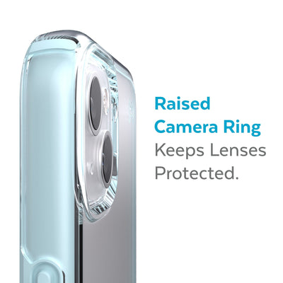 Slightly tilted view of side of phone case showing phone cameras - Raised camera ring keeps lenses protected.#color_clear-fountain-teal