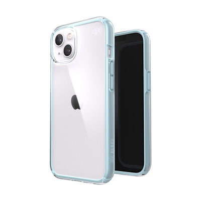 Three-quarter view of back of phone case simultaneously shown with three-quarter front view of phone case.#color_clear-fountain-teal