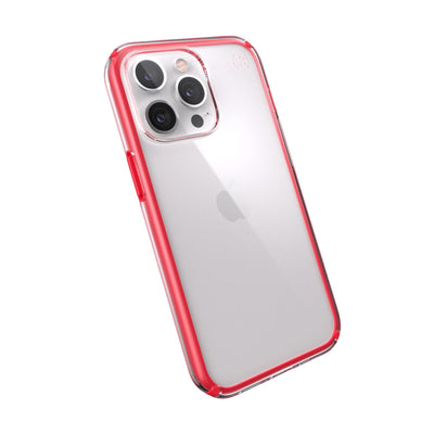Tilted three-quarter angled view of back of phone case.#color_clear-unreal-red