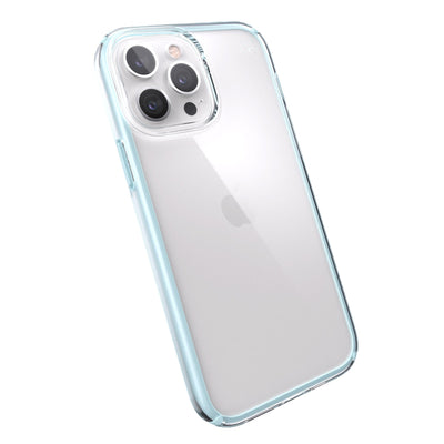 Tilted three-quarter angled view of back of phone case.#color_clear-fountain-teal