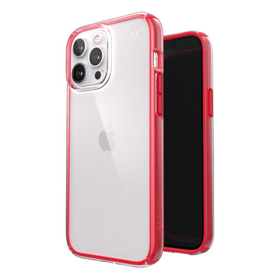 Three-quarter view of back of phone case simultaneously shown with three-quarter front view of phone case.#color_clear-unreal-red