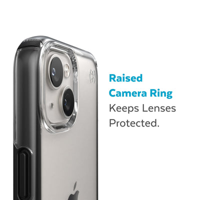 Slightly tilted view of side of phone case showing phone cameras - Raised camera ring keeps lenses protected.#color_clear-black