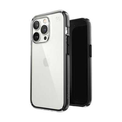 Three-quarter view of back of phone case simultaneously shown with three-quarter front view of phone case#color_clear-black