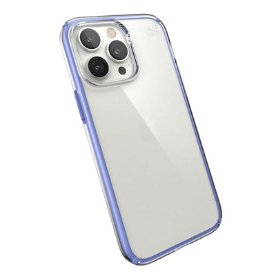 Tilted three-quarter angled view of back of phone case#color_clear-grounded-purple
