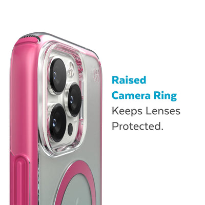 Slightly tilted view of side of phone case showing phone cameras - Raised camera ring keeps lenses protected.#color_clear-digital-pink