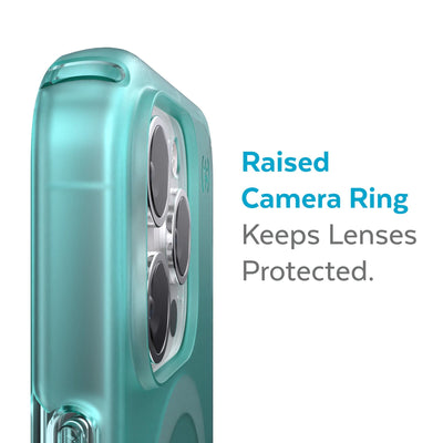 Slightly tilted view of side of phone case showing phone cameras - Raised camera ring keeps lenses protected.#color_fantasy-teal