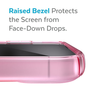 View of top of phone case laying on its back - Raised bezel protects the screen from face-down drops.#color_icy-pink