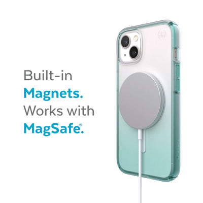 Three-quarter view of back of phone case with MagSafe charger attached - Built-in magnets. Works with MagSafe.#color_arctic-teal-fade