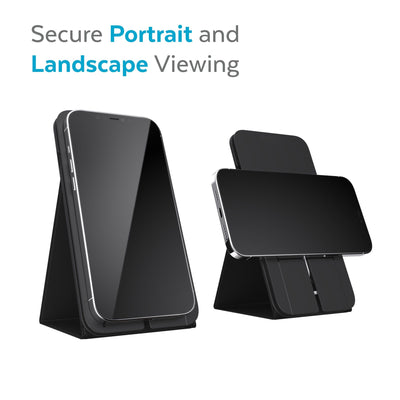 Three-quarter angle of product in stand mode showing compatible iPhone connecting vertically and horizontally - Secure portrait and landscape viewing