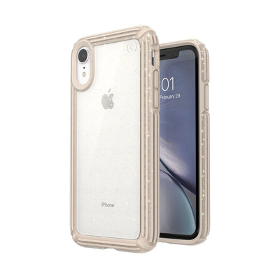 Speck iPhone XR Clear with Gold Glitter/Calfskin Brown Presidio V-Grip iPhone XR Cases Phone Case