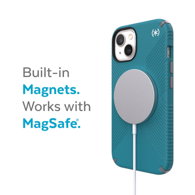 Three-quarter view of back of phone case with MagSafe charger attached - Built-in magnets. Works with MagSafe.#color_deep-sea-teal-cloudy-grey-white