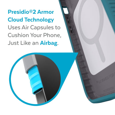 View of interior of phone case with close up on cutaway of side wall - Presidio2 Armor Cloud Technology uses air capsules to cushion your phone, just like an airbag.#color_deep-sea-teal-cloudy-grey-white