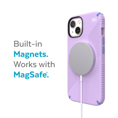 Three-quarter view of back of phone case with MagSafe charger attached - Built-in magnets. Works with MagSafe.#color_spring-purple-grounded-purple-white