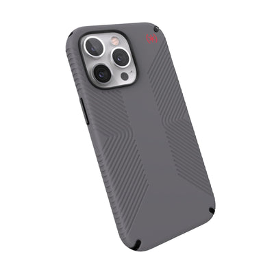 Tilted three-quarter angled view of back of phone case#color_graphite-grey-black-bold-red