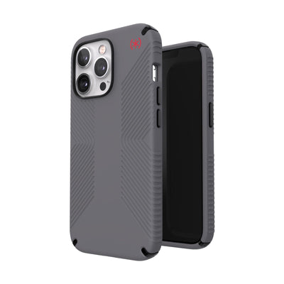 Three-quarter view of back of phone case simultaneously shown with three-quarter front view of phone case#color_graphite-grey-black-bold-red