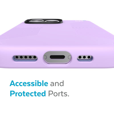 View of bottom of phone case from above while it is laying face down - Accessible and protected ports.#color_spring-purple-grounded-purple-white