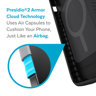 View of interior of phone case with close up on cutaway of side wall - Presidio2 Armor Cloud Technology uses air capsules to cushion your phone, just like an airbag.#color_black-white