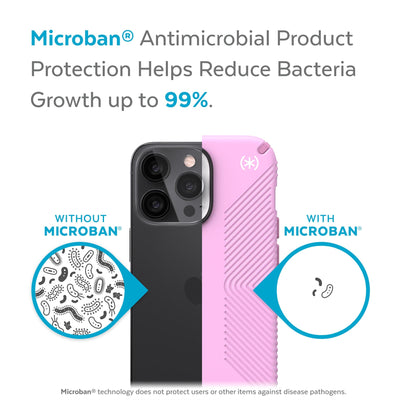 Back view, half without case, other with case, less germs on case - Microban antimicrobial product protection helps reduce bacteria growth up to 99%.#color_aurora-purple-fresh-pink-white