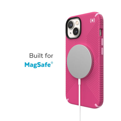 Three-quarter view of back of phone case with MagSafe charger attached - Built for MagSafe.#color_digital-pink-blossom-pink-white