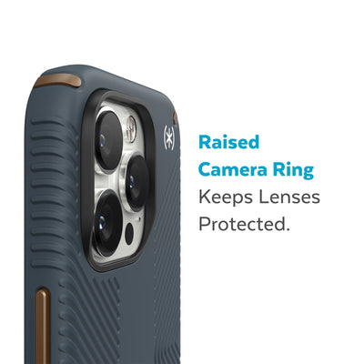 Slightly tilted view of side of phone case showing phone cameras - Raised camera ring keeps lenses protected.#color_charcoal-cool-bronze-white