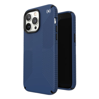 Three-quarter view of back of phone case simultaneously shown with three-quarter front view of phone case.#color_coastal-blue-black-white