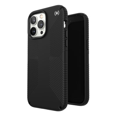 Three-quarter view of back of phone case simultaneously shown with three-quarter front view of phone case.#color_black-white